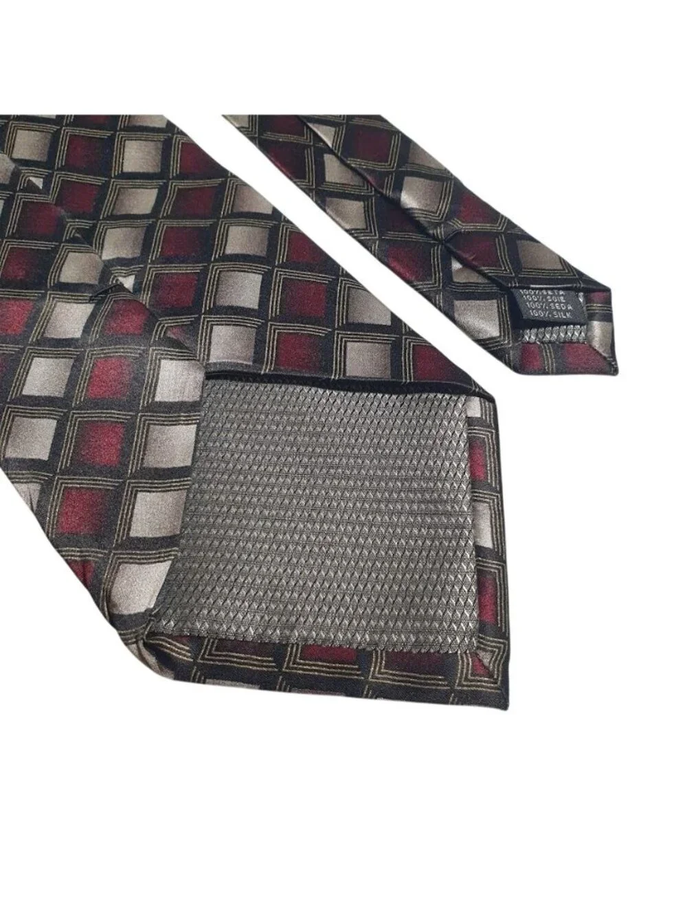 Haggar Mens Silk Tie Burgundy Silver Black Geometric Patterned Necktie Formal We
